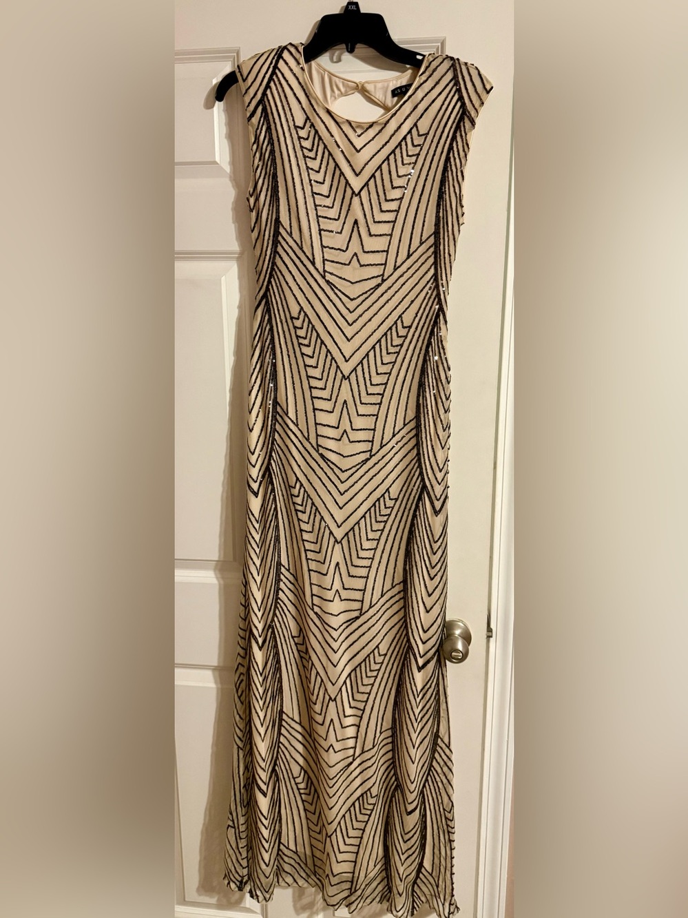 Beige Formal Dress with Black Beaded Geometric Design